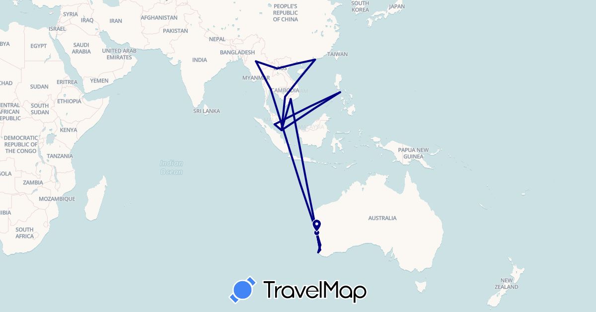 TravelMap itinerary: driving in Australia, Hong Kong, Cambodia, Laos, Myanmar (Burma), Malaysia, Philippines, Singapore, Thailand, Vietnam (Asia, Oceania)
